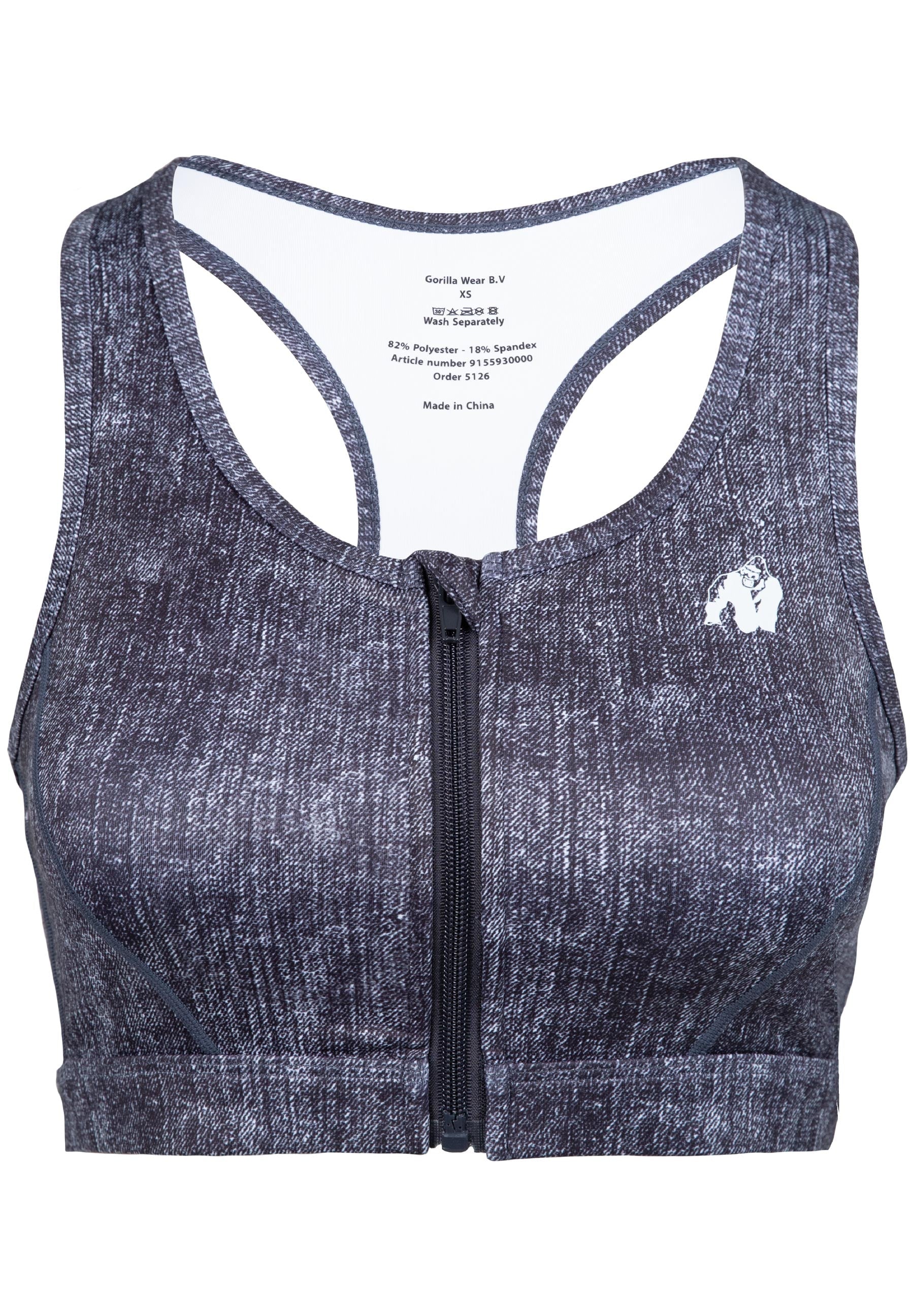 Gorilla Wear Camilla Zip-Front Sports Bra - Blue Denim
